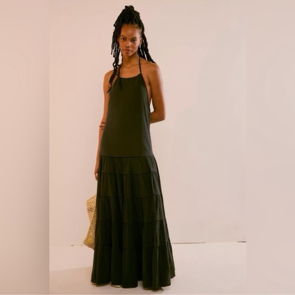 Free People Somewhere Sunny Drop Waist Halter Maxi Dress in Black